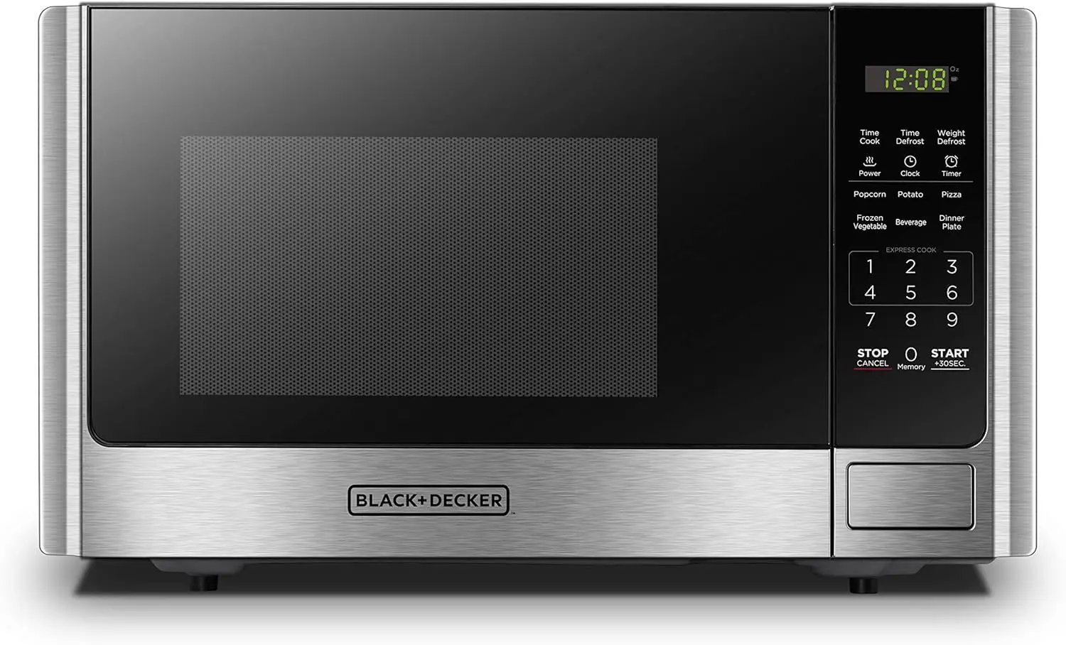 Horno microondas digital con plato giratorio, bloqueo de seguridad para niños, acero inoxidable, 0.9 pies cúbicos