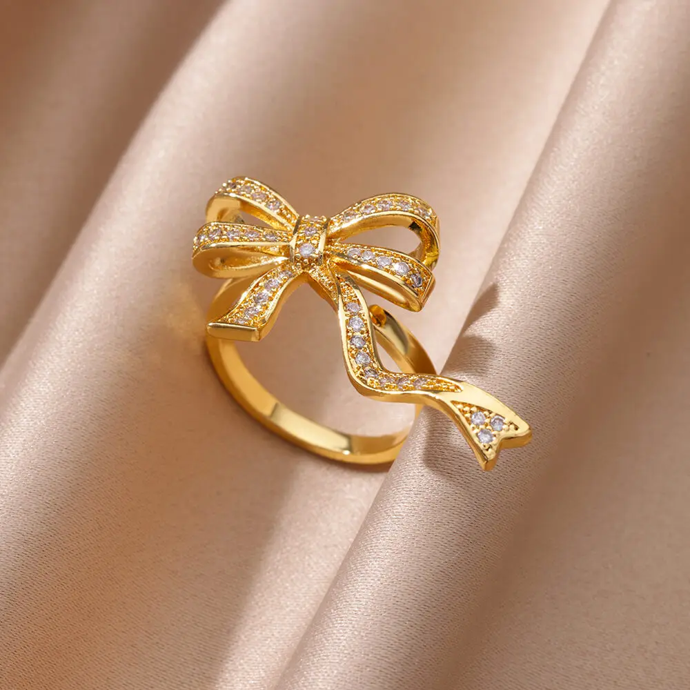 

Luxury Zircon Bowknot Open Rings for Women Stainless Steel Engagement Ring 2024 New Fashion Birthday Jewelry Gift Decorations