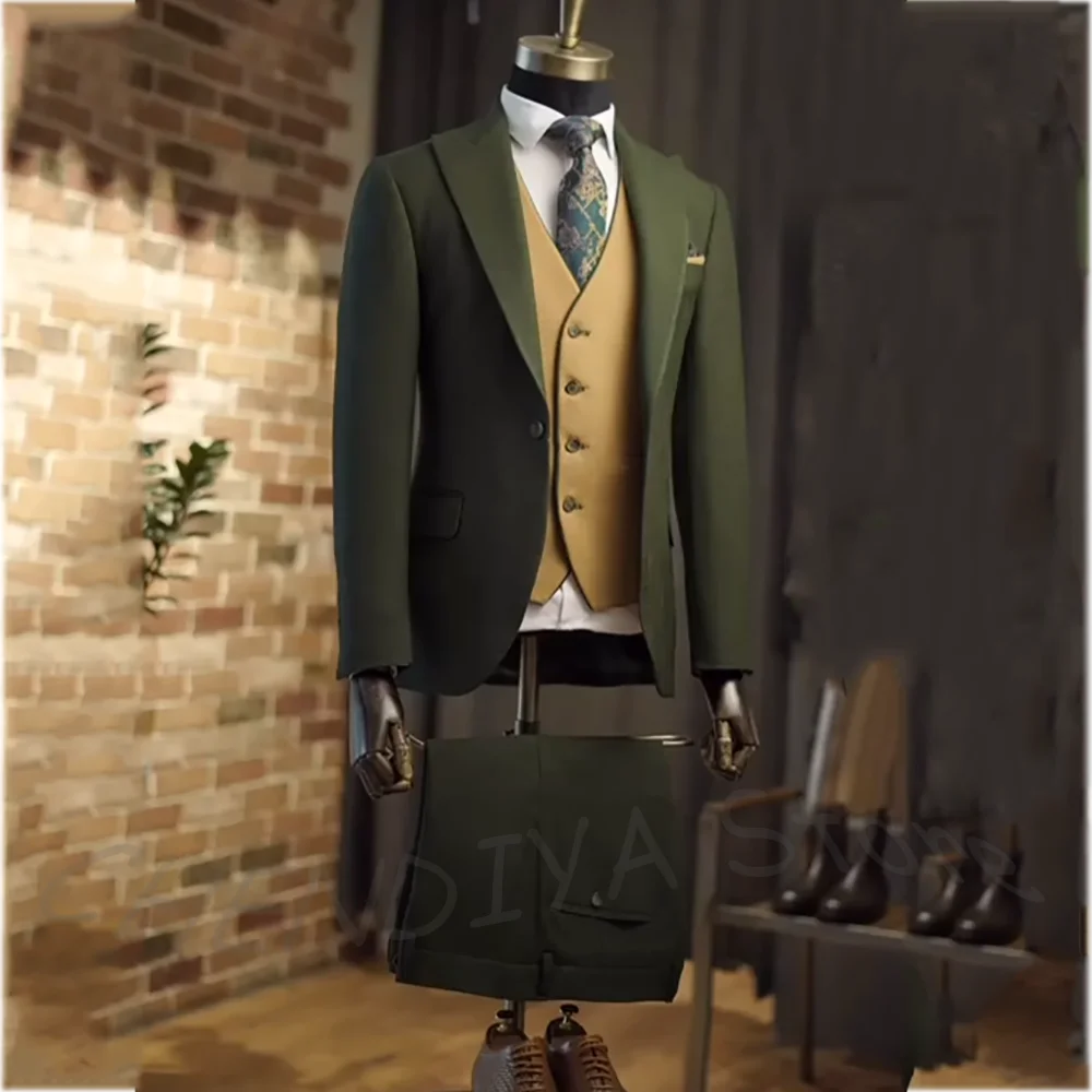 Business Suit For Men Work Slim Fit Peaked Lapel Single Button Formal Outfit Three Pieces British Style Chic Clothes Set