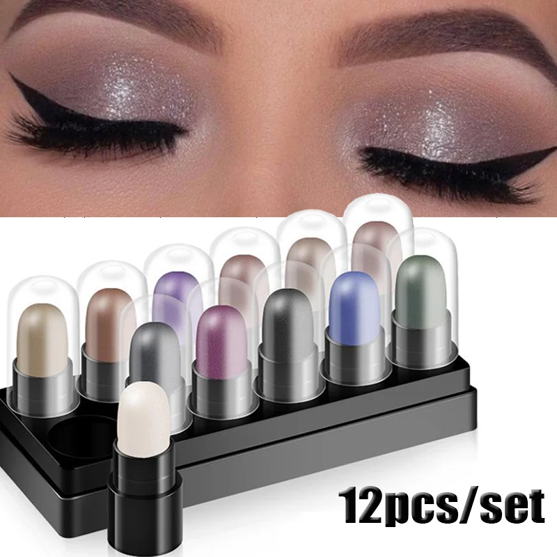 Eyeshadow Pencil Set 12 Colors Waterproof Long Lasting Glitter Shimmer Eye Shadow Pen Highlighter Stick Eyes Makeup Tools