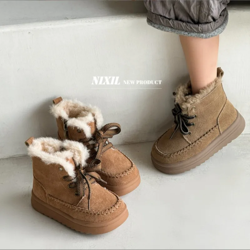 2024 Winter New Children's Shoes Boys' Girls' Short Boots with Thick Velvet Children's Cotton Boots Matte Leather Warm Boots