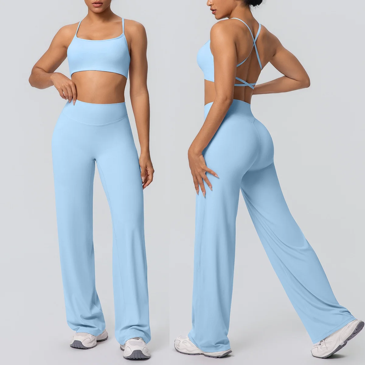 2PCS Yoga Set Woman Sexy Cross Back Sports bra High Waist isted Wide Leg Pants Summer BreaCasual Gym Sports Running Workout Set