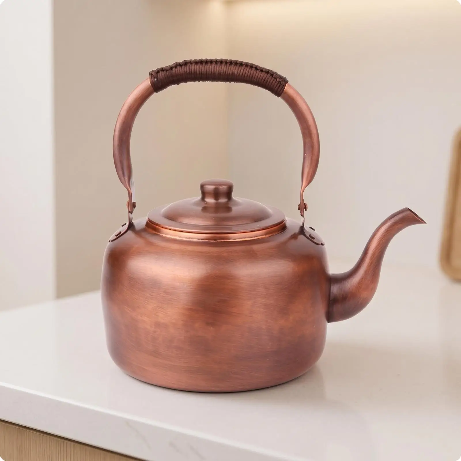 Vintage Copper Tea Kettle Stovetop Boiler Single Handle Swing Grip Curved Spout Snug Lid Cookware