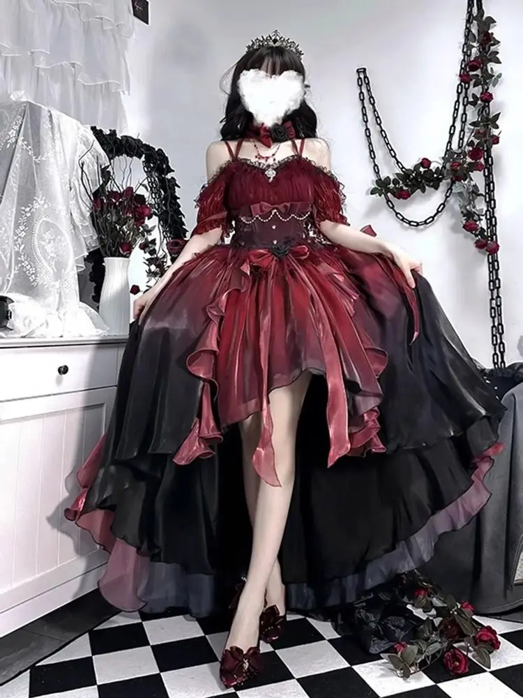 2025 New Japanese Korean Dark Kawaii Bride Red Flower Wedding Dress Vintage Lolita Heavy Industry Trail Puffy Princess Dresses