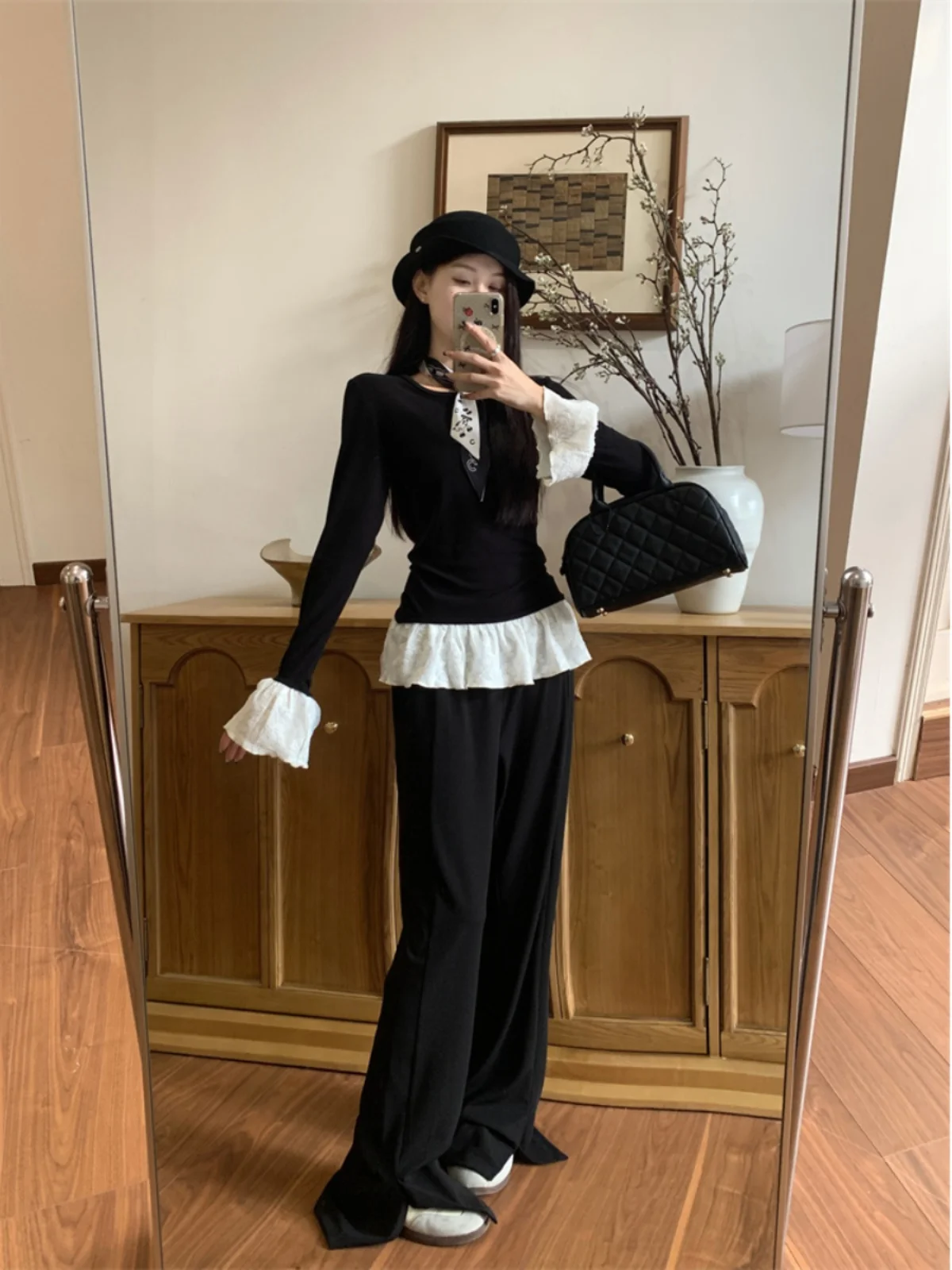 Camiseta larga de talla grande con empalme de encaje para mujer, diseño de cintura adelgazante, ropa interior informal Sle Faionable para otoño