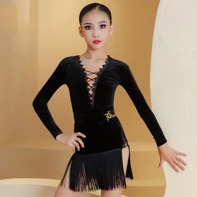 

Latin Dance Clothes Girls Velvet Lace Long Sleeves Fringe Dress Cha Cha Rumba Samba Dance Black Dress Competition Wear BL13861