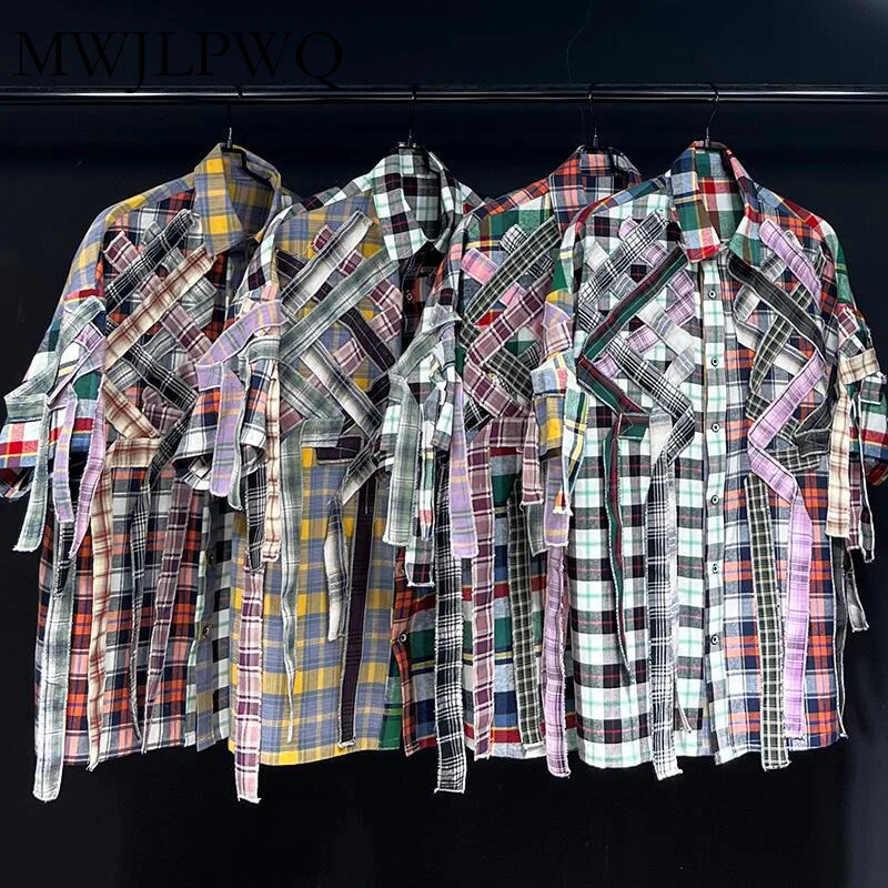 

MWJLPWQ клетчатые летние мужские рубашки High Street с коротким рукавом на шнуровке контрастного цвета, нишевый дизайн, повседневные свободные топы с лацканами 010880