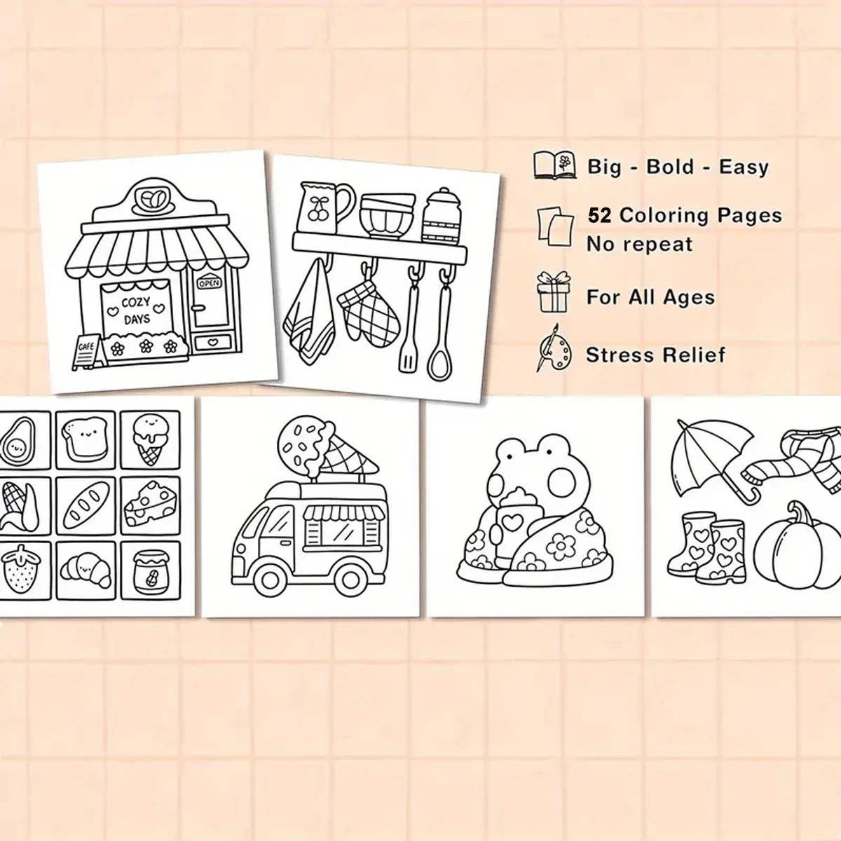 STRESS RELIEF Bold & Easy Coloring Book for Adults – Cute Designs, Perfect Gift for Parties, Birthdays & Christmas