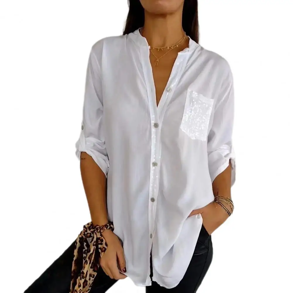 

Women Shirt Sequin Mid-sleeve Casual Top Stand Collar Roll-up Long Sleeve Shirt Tops Patch Pocket Single Breasted Shirt