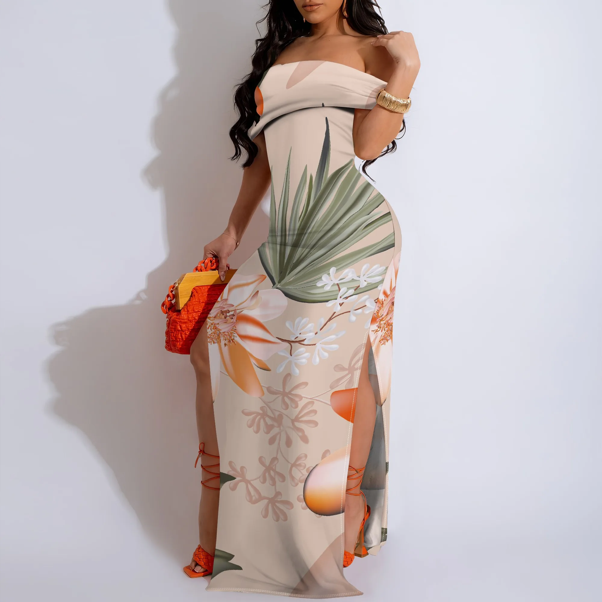 

Women's Summer Fashion Printed Short Sleeve Off-shoulder Splits On Both Sides Maxi Dress for Women Loose Casual Maxi Dress