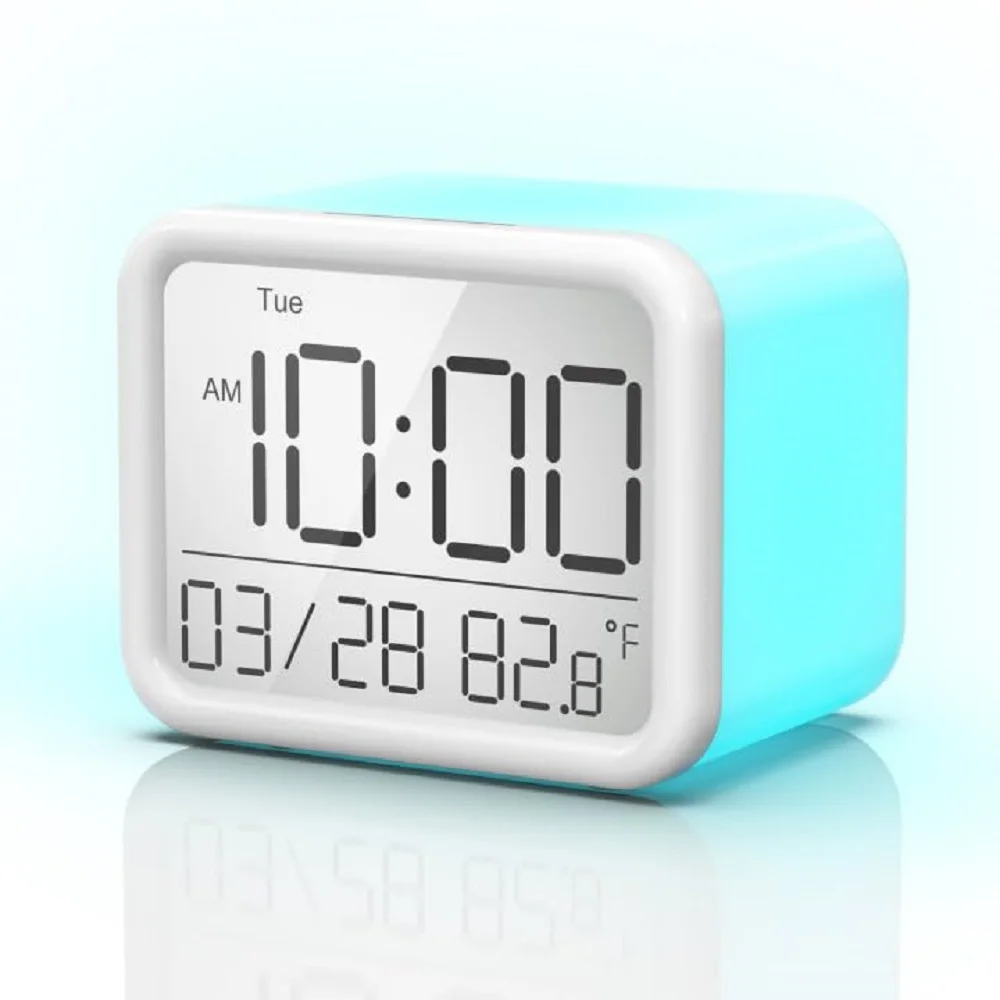 REACHER Rechargeable Battery Powered Alarm Clock for Kids Digital Small Alarm Clock for Bedrooms 7 Colors Nightlight 8 Sounds