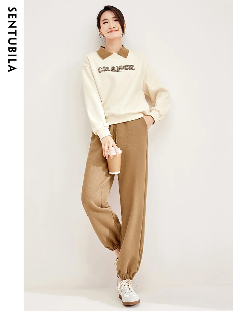 SENTUBILA Two Piece Set Sweatsuits for Women Contrast Lapel Letter Embroidery Top Wide Leg Pant 2024 Spring Sport Suit 133Z50700