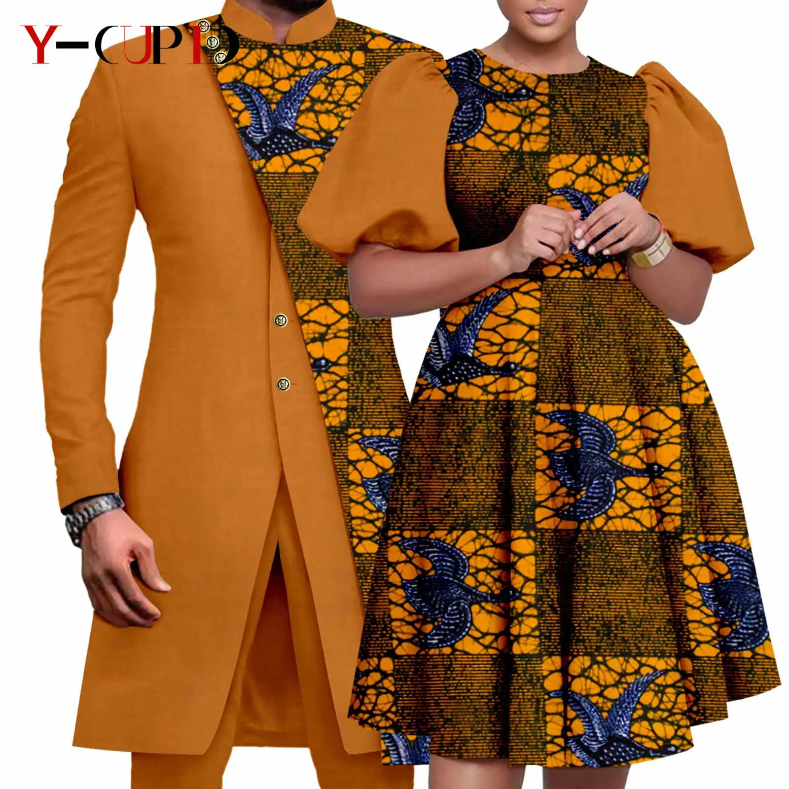 African Couple Matching Clothes Dashiki Women Print Dresses Bazin Riche Men 2 Pieces Suit Patchwork Jacket and Pant Sets Y23C076