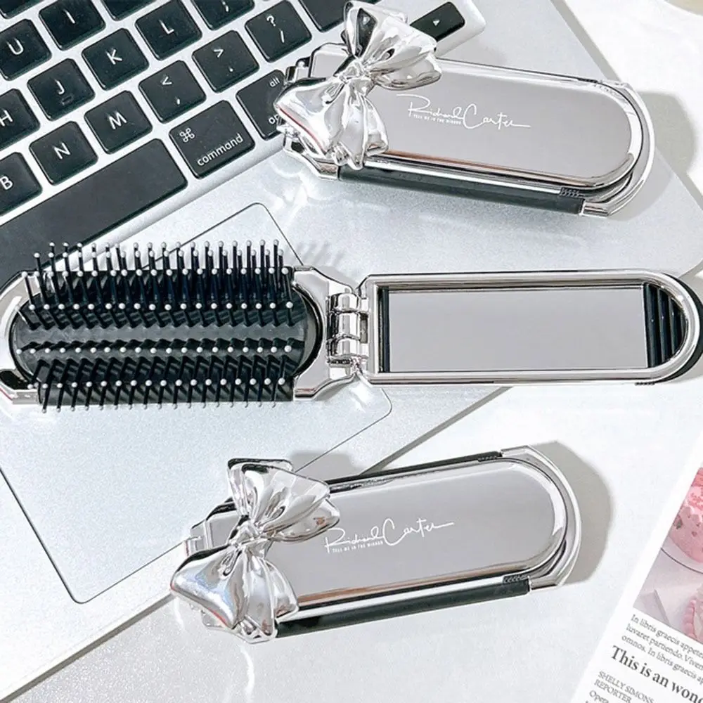Mini 2 in 1 Comb Mirror Set Square Bowknot Scalp Massage Comb with Mirror Anti Static Silver Air Cushion Combs Travel