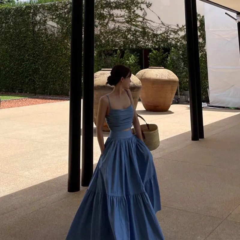 French Blue V-Neck Slim Fit Short Camisole Top Paired With High Waisted And Large Hem Skirt, Temperament Set Skirt