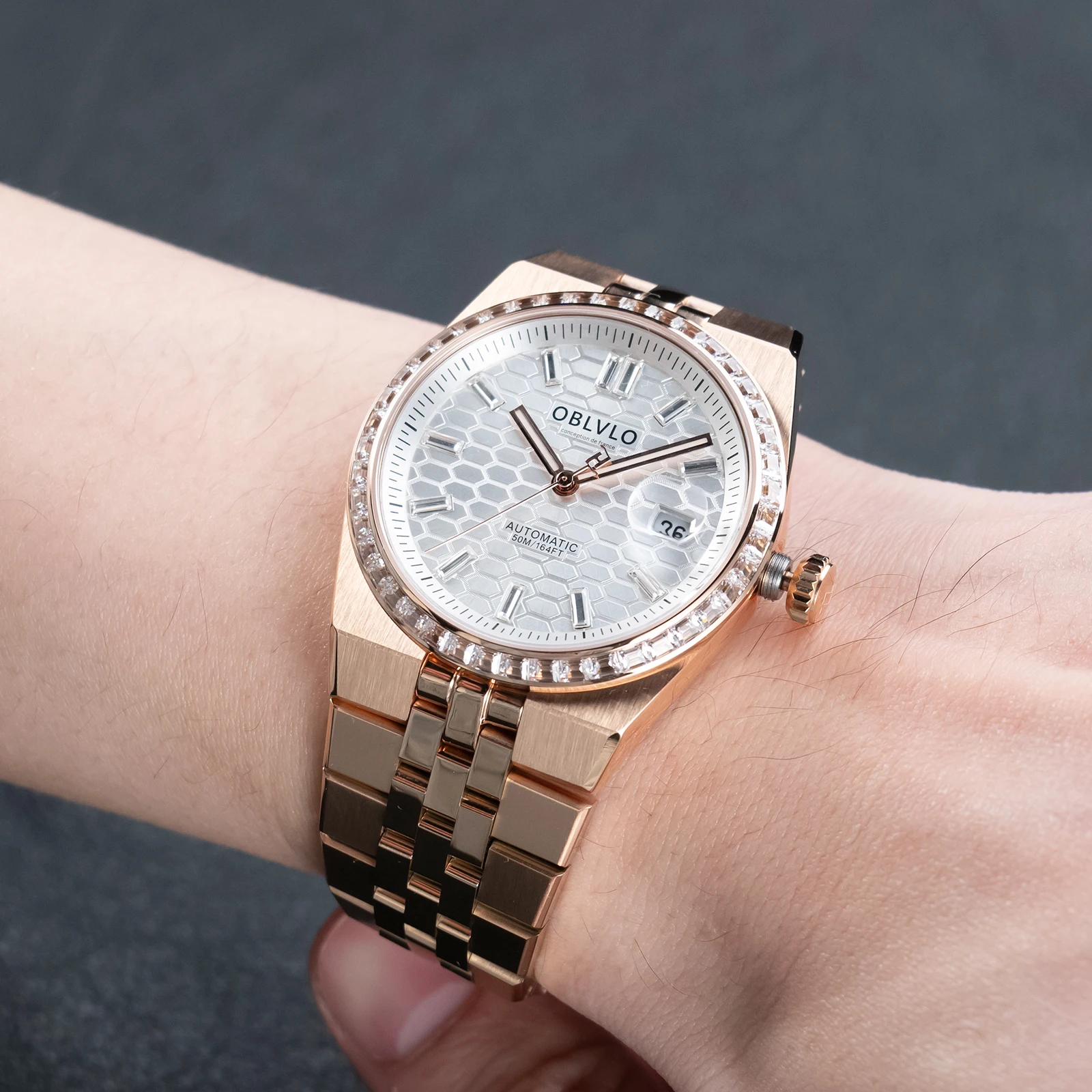OBLVLO Excellent Men's Rose Gold Crystal Bezel Waterproof Mechanical Watch with Date Bracelet Automatic Vintage Watches RX-LD-D