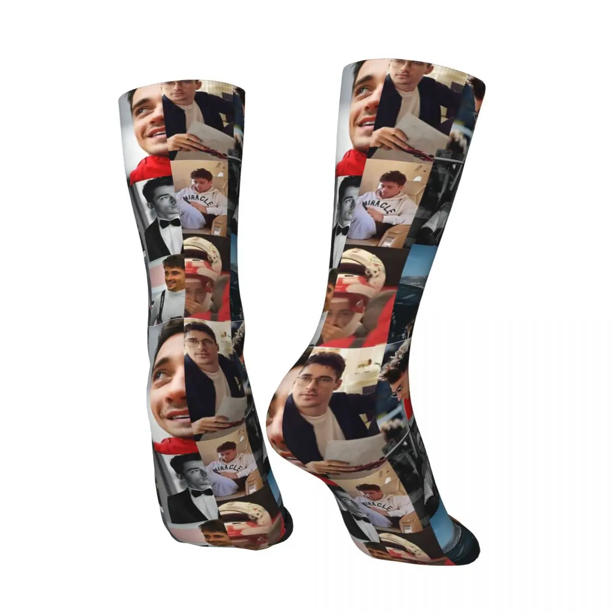 Chaussettes drôles en elin pour hommes, Charles Leclerc, collage d'images, hip hop, vintage, course F1, motif de qualité heureuse, chaussettes d'équipage imprimées pour garçons