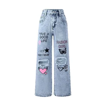Teen Girl Ripped Jeans Snow Wash Denim Wide Leg Pants Loose Oversize Style Teenager Girls Clothes Children Outfit Fashion Y2K