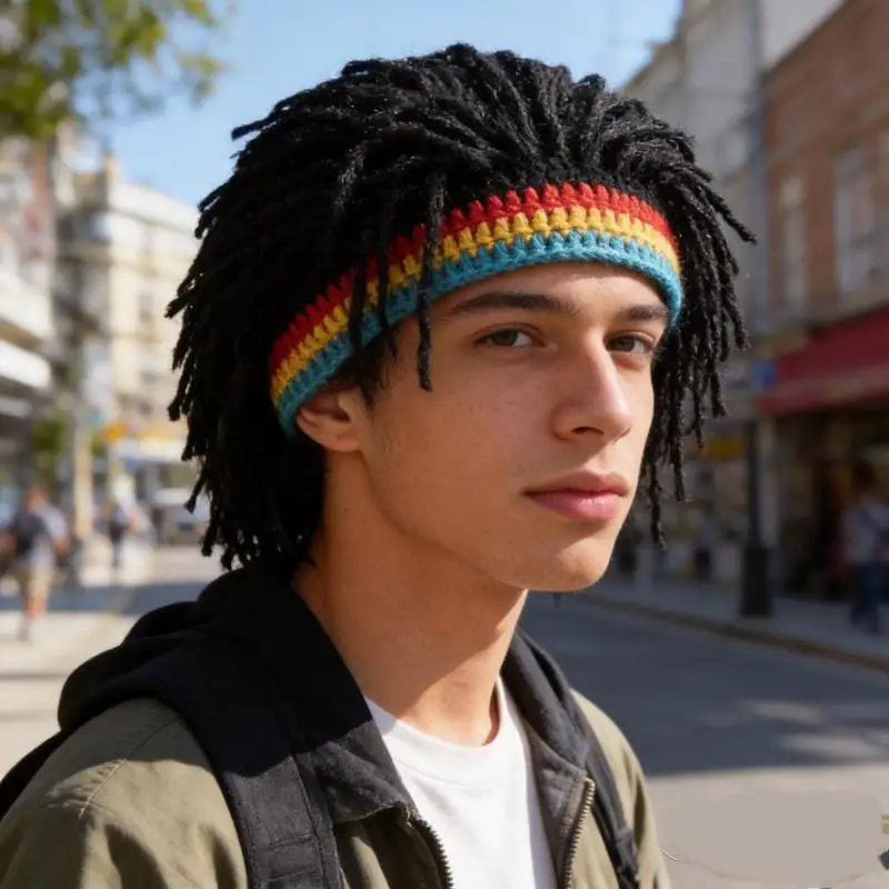 Men Women Handmade Crochet Dreadlock Wig Knitted Hat Colorful Striped Headband Synthetic Wig Cap For Hip Hop Jamaican Cosplay