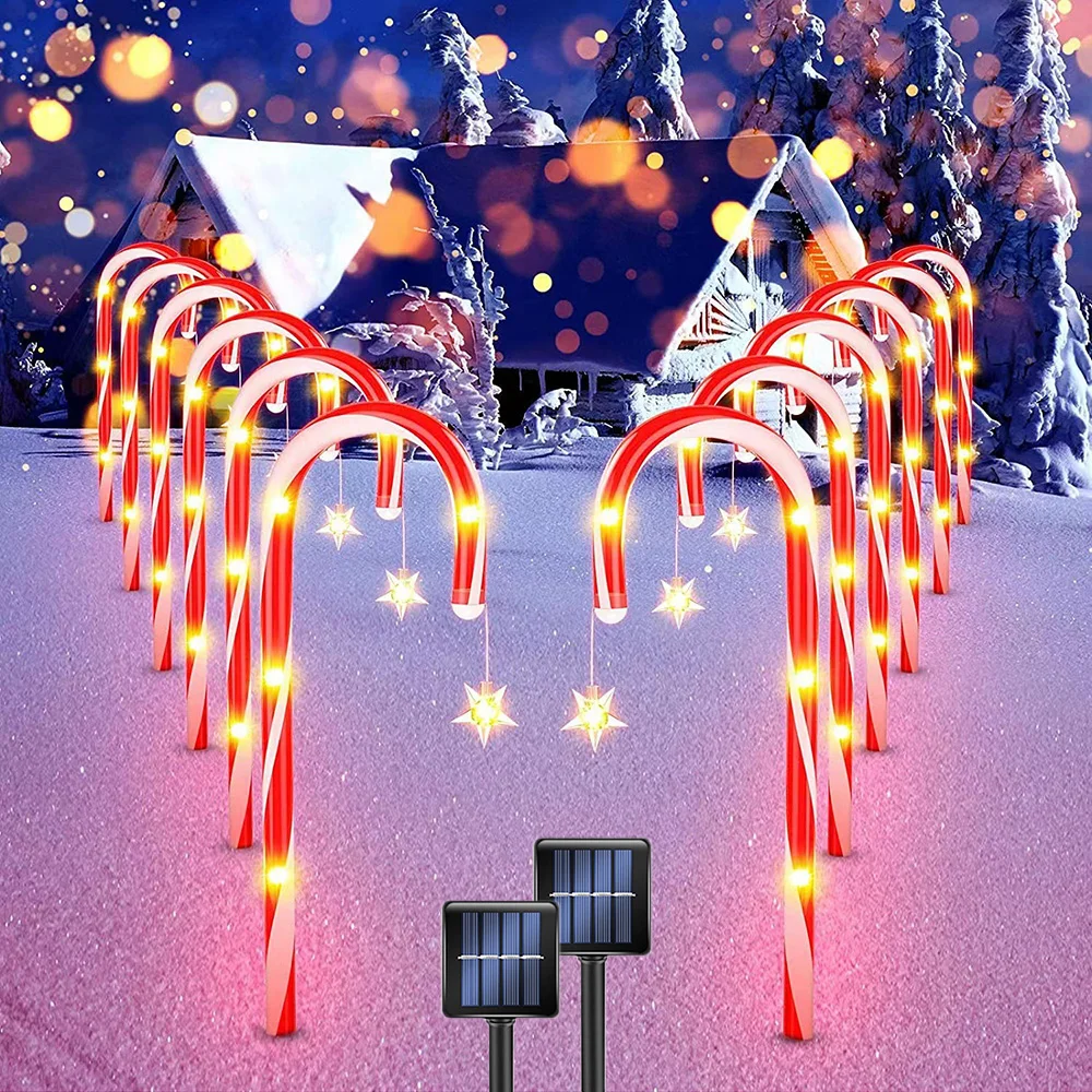 

Solar Christmas Candy Cane Lights Waterproof Decorations Christmas Pathway Lights with Stars for Yard Garden Xmas Holiday Gift