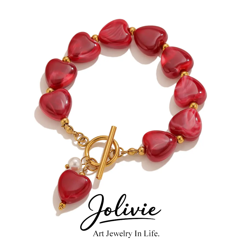 Jolivie Edelstahl-Armband mit rotem Herz für Damen, Urlaubszubehör, Vintage-Acryl-Armreif, Handgelenkschmuck, Armband, Geschenk – Detail 1