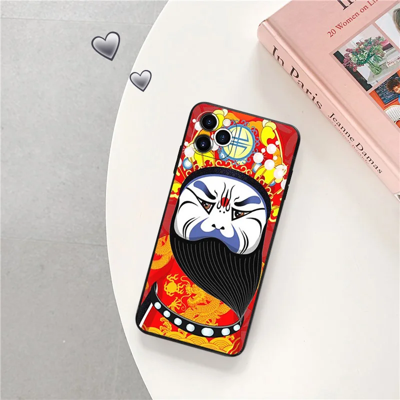 Black Matte Phone Case for iphone 16Pro 15 14 13 12 Mini 11 16 Pro Max 7 8 Plus X XS XR Girl Beijin Opera Face Cute Soft Cover