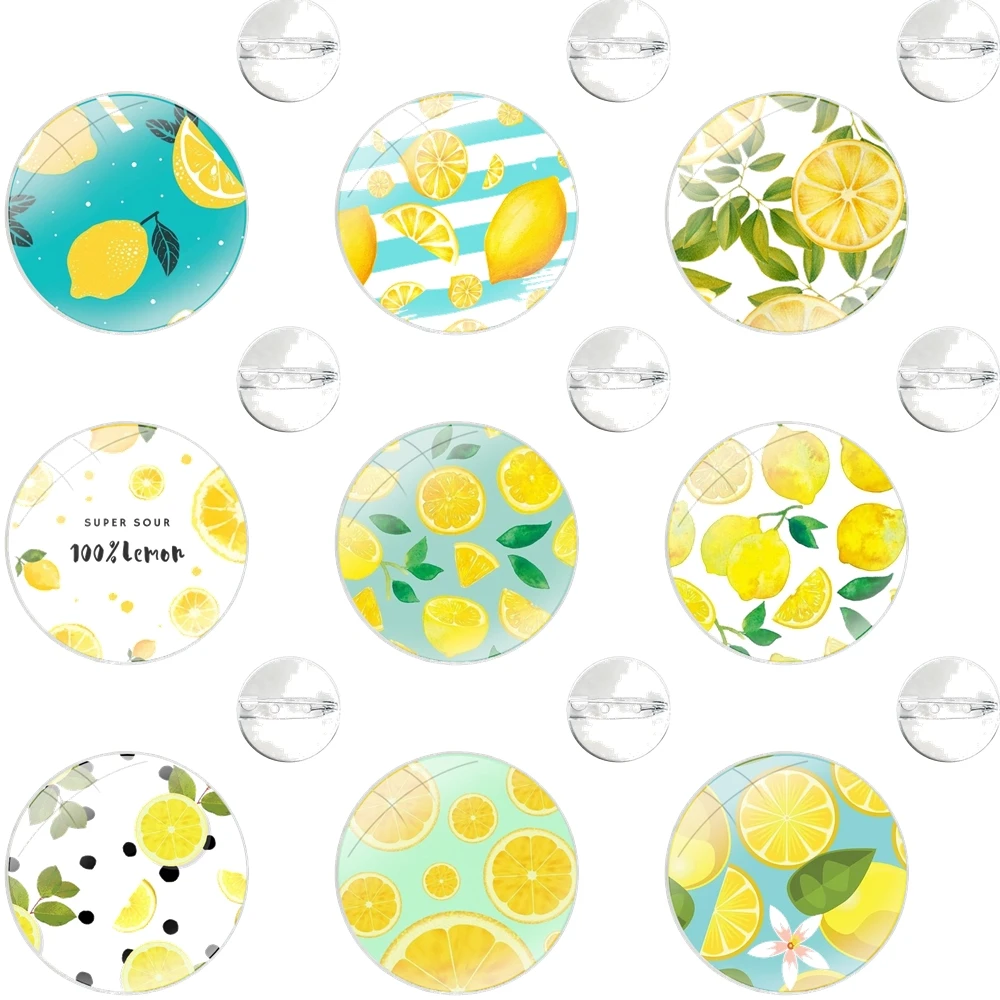 lemon fruit flower Glass Dome Brooches Shirt Lapel Bag Cute Badge Pins For Clothes Hat Accessories