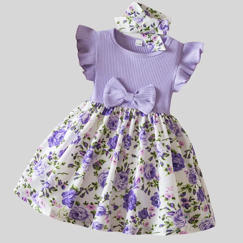 

Summer 2025 New 0-3Y Girls Dress European & American Style Round Neck Ruffled Sleeves Bowknot Dress