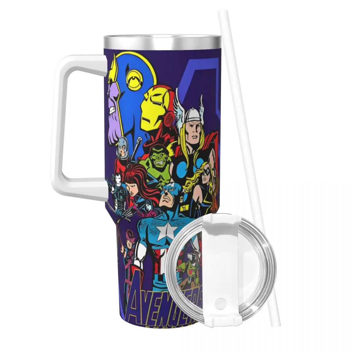 Superhero Avengers Cartoon Stainless Steel Tumbler Driving Coffee Mug With Straws and Lid Large Capacity Hot Drinks Water Bottle