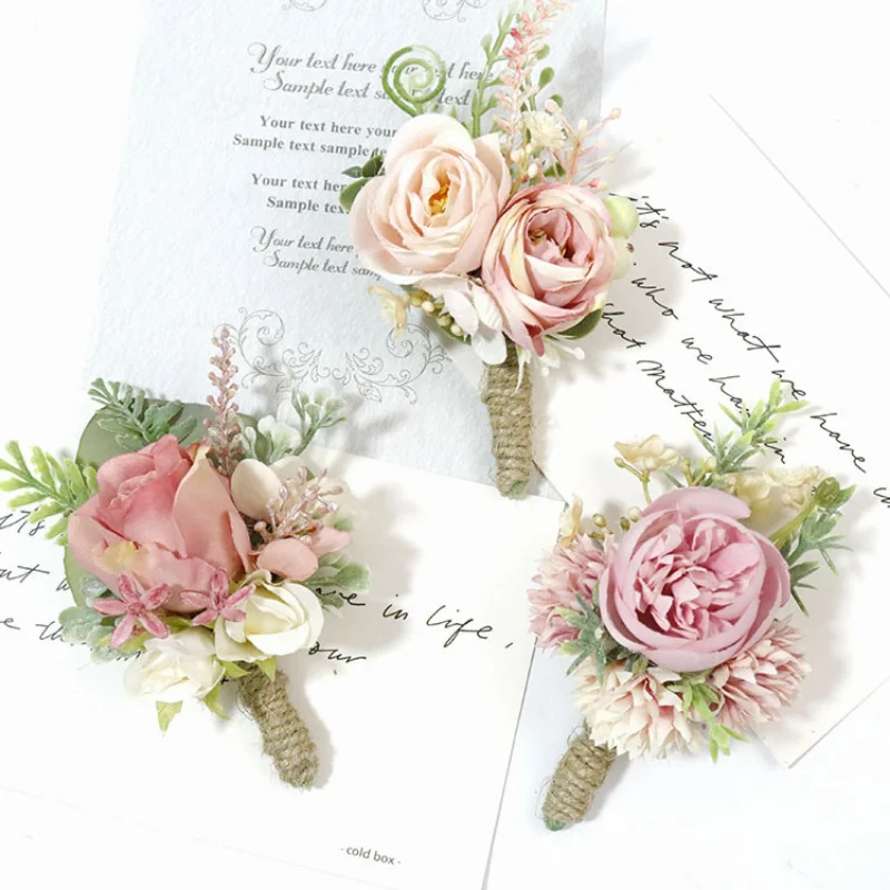 Groom Corsage Wedding Boutonniere Pink Brooch Flowers Bridesmaid Pin Buttonhole Boutonniere for Guests Marriage Accessories