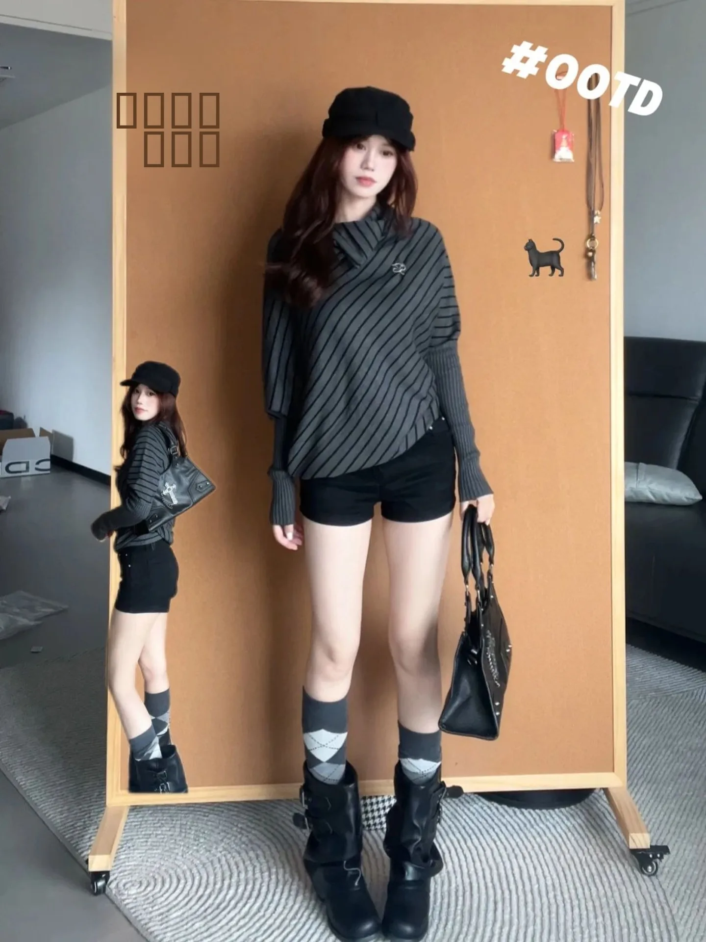 

Корейский полосатый свитер Batwing Sve, женский осенний вязаный топ с нерегулярным воротником, ленивый вязаный топ irt Chic Spicy Girl