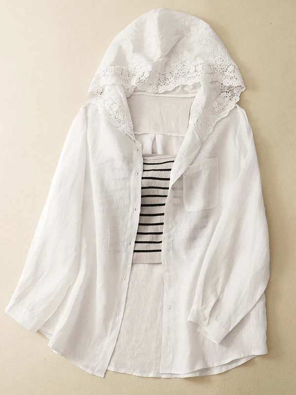 Loose Lace Hooded Linen Sun Protection Shirt Long Sleeve Button up Cardigan Top for plus Size Women Summer New Arrival