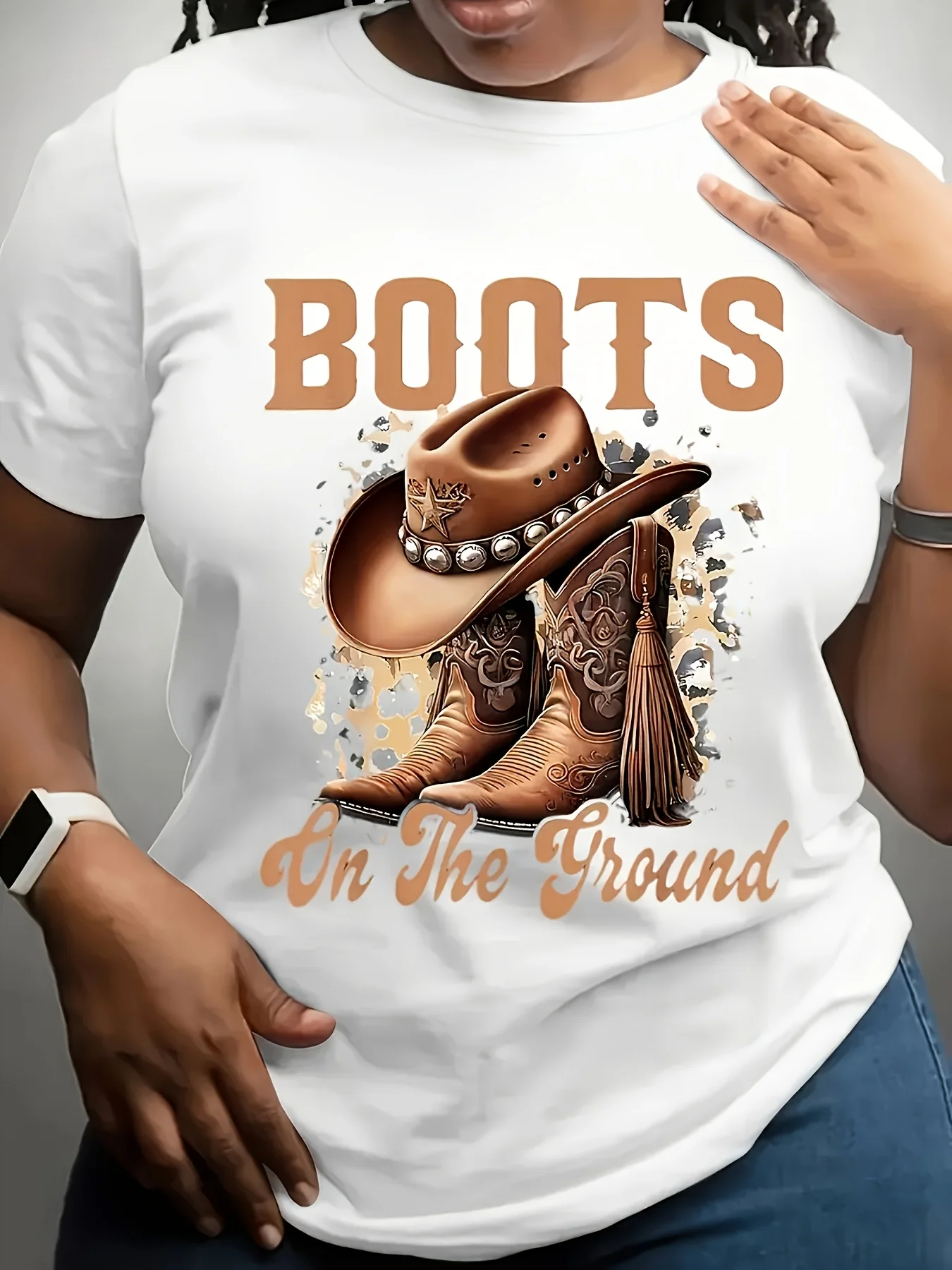 

Womens Western Cowboy Boots Graphic T-Shirt Deep Red Boots On The Ground Top, Breathable Crewneck Shirt