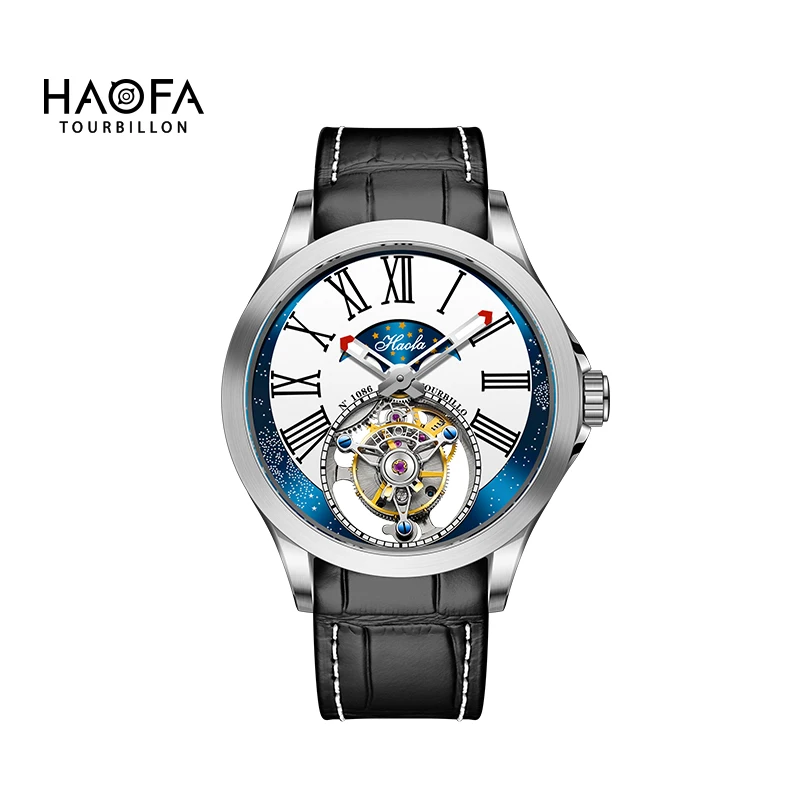 Haofa Flying Tourbillon Wristwatch Starry Sky Dial Sapphire Skeleton Manual Mechanical Watch For Men Luxury zegarek męski 1086