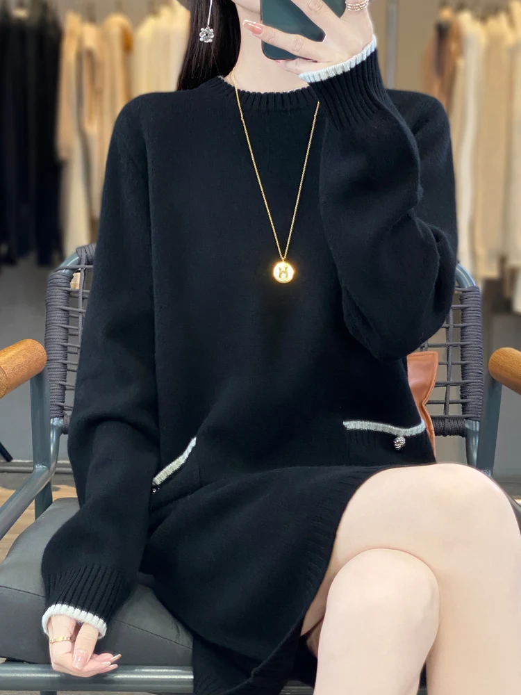 

Модный пуловер из 100% мериносовой шерсти, вязаное длинное платье, цветное, приятное для кожи, с двумя карманами, повседневная осенне-зимняя одежда