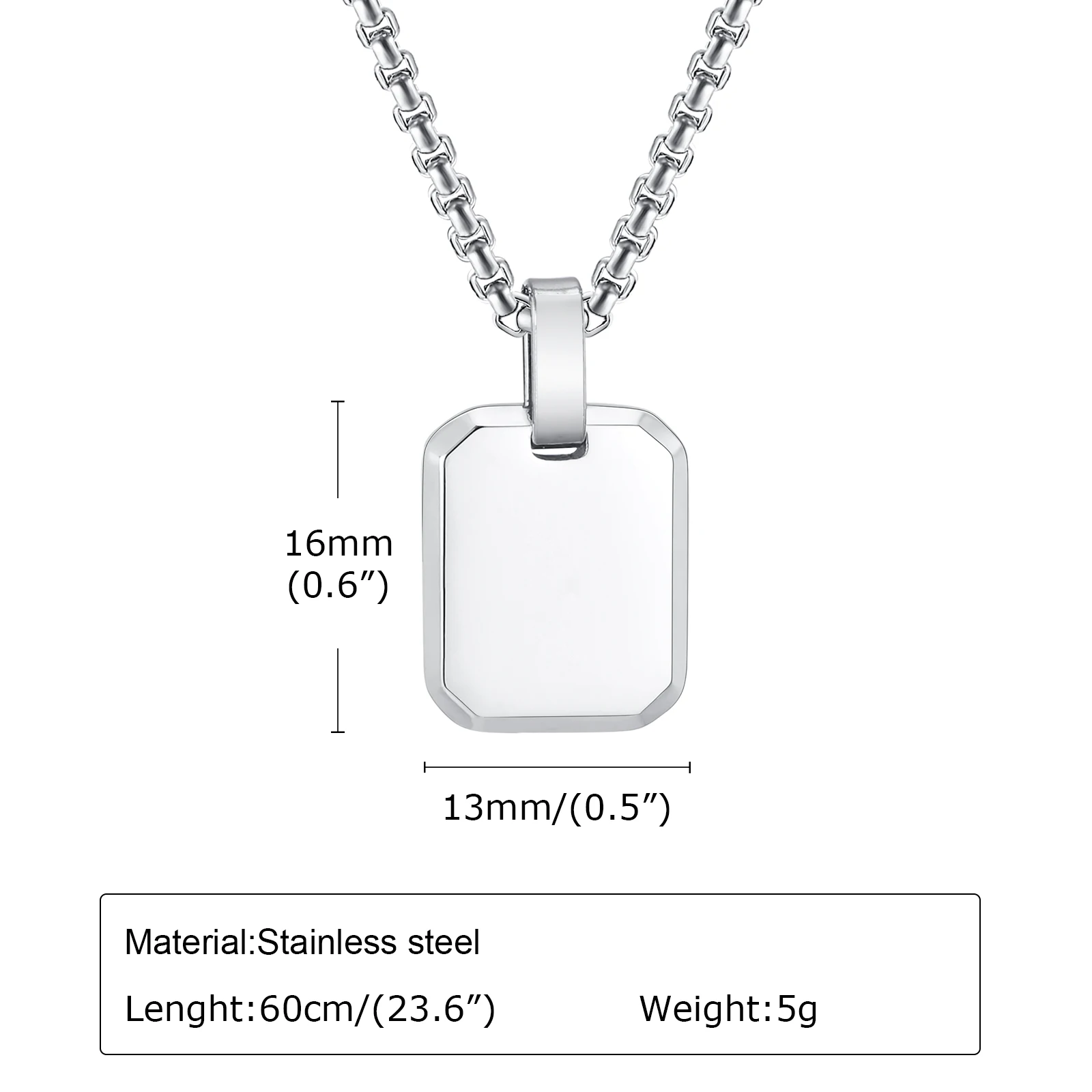 Vnox Free Engraving Unisex Geometric Necklaces, Thick Stainless Steel Square Pendant with Box Chain, Customize Women Men Jewelry