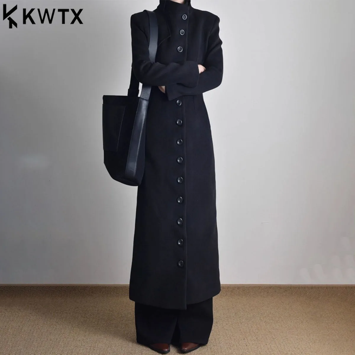 

KWTX Women’s Casual Long Wool Coat Black Stand Collar Belted Waist 100% Wool Designer Comfortable Winter 2025 New Chic Elegant