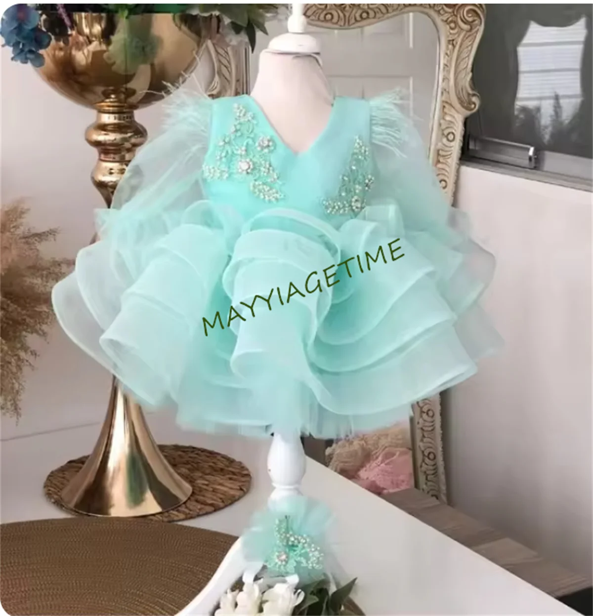 Cute Baby Girl First Birthday Dresses Mint Organza Tutu Long Sleeve Ball Gown Flower Girl Dress