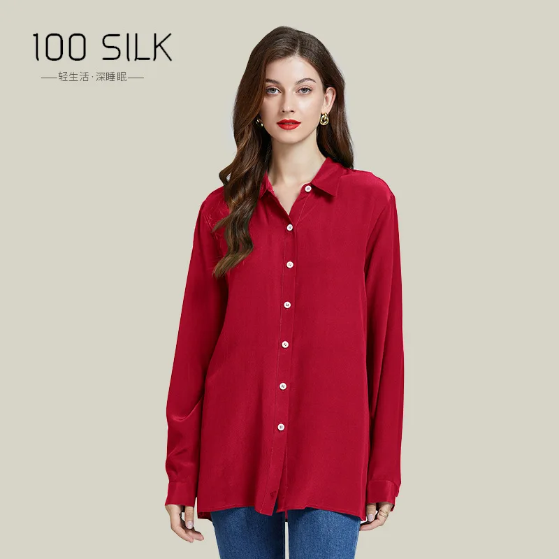 

Solid Color Long-sleeved Silk Lapel Temperament Shirt Women's 100% Mulberry Silk Thin Top Silk Shirt Women Shirt