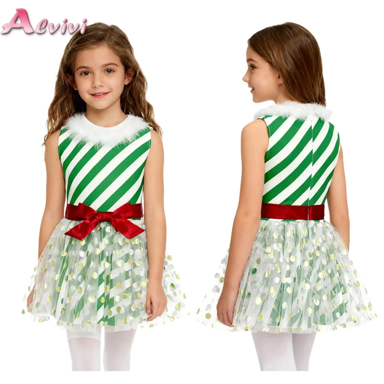 

Kids Girls Christmas Elf Cosplay Dress Fuzzy Sleeveless Metallic Dot Tulle Striped Dress for Xmas Party Candy Cane Masquerade