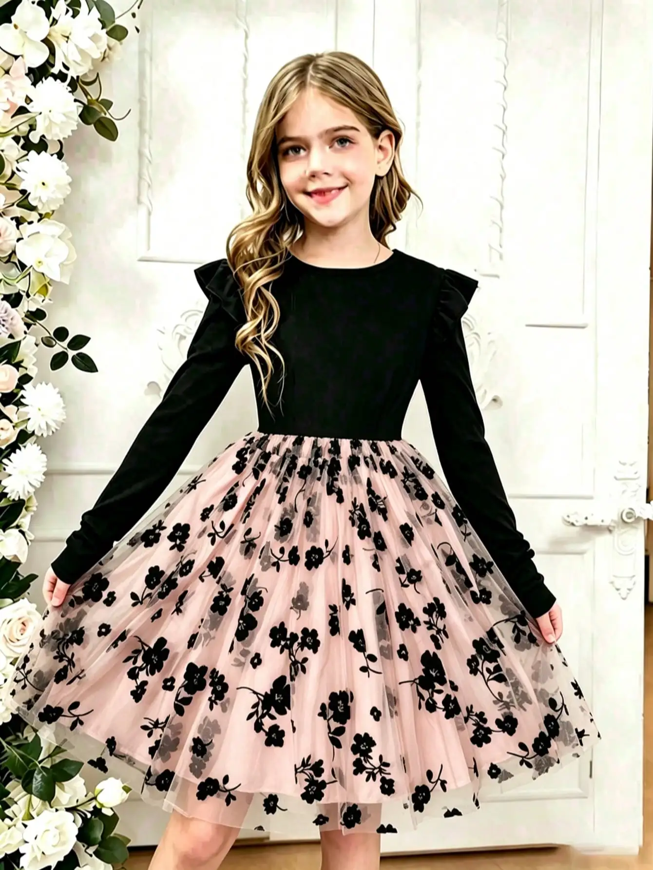 Mädchen-Freizeitkleid mit Rundhalsausschnitt, Netzstoff, Blumenmuster, Herbst, Seitlich Verlängerte Ärmel, Lässige Kinderkleidung – Detail 3