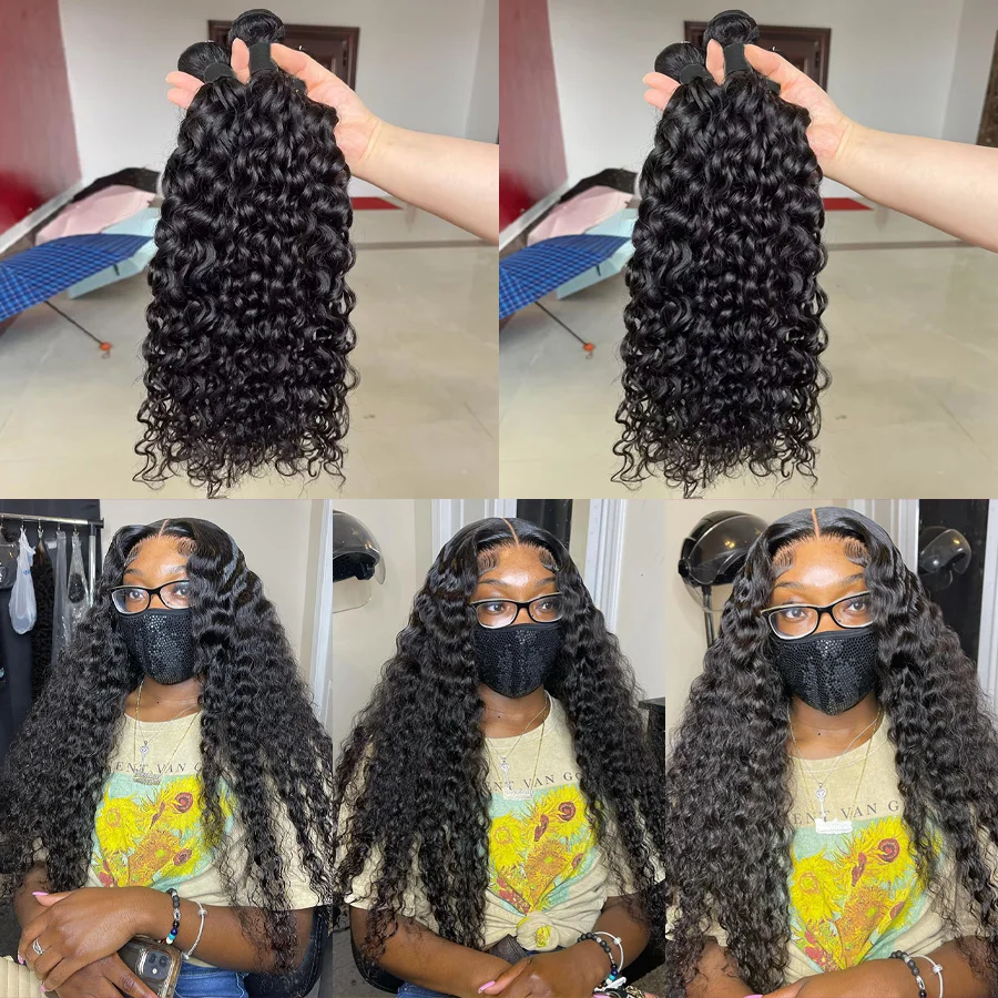 20 22 24 Pouces Water Wave Bundles Tissages Bresiliens Humains Avec Closure 4X4 Closure Cheveux Humain Mèches de Cheveux Avec Fermetures Tissage
