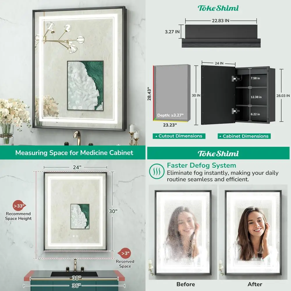 

24x30 Inch Recessed LED Medicine Cabinet with Stepless Dimmable 3-Color Light and Mirror