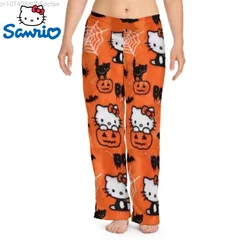 New Halloween Costume Sanrio Hello Kitty Flannel Pajamas Cosplay Anime Spider Black Cat Pumpkin Winter Plush Warm Home Pant Girl