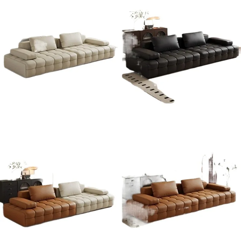 

Straight row Italian leather sofa minimalist living room light luxury villa