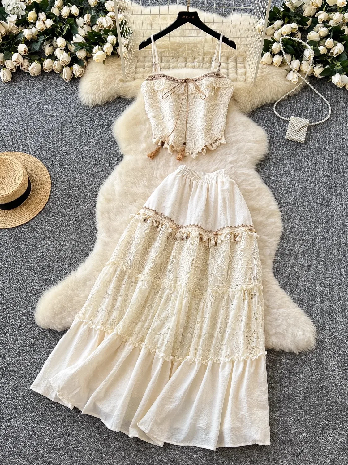 

Sweet Lace Trim Strap Vest And High Waist Skirt Set for Women Vacation Travel Outfit Matching Tassel Trim Top