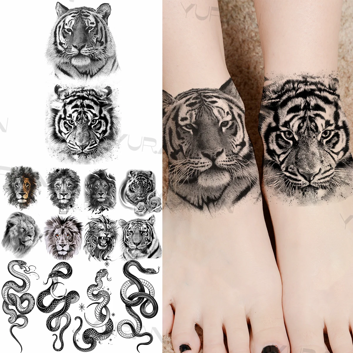 Tatuajes temporales de tigre negro para mujeres y hombres, pegatina realista de serpiente, León, Luna, rosa, flor falsa, tatuajes para el cuerpo del pie, tatuajes creativos