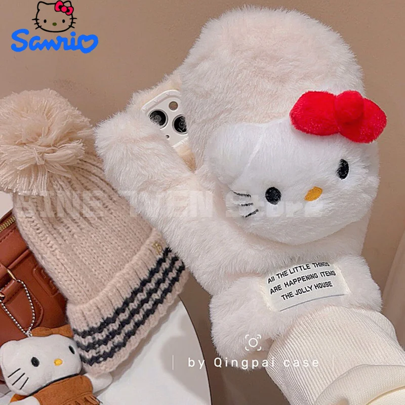 Sanrio Kawaii Hello Kitty Winter Plush Gloves For Apple 15promax Mobile Phone Case Apple 14 New 13 Ladies 12 Fun 11 Anti Fall