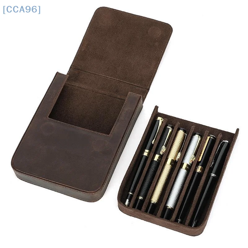

Vintage Genuine Leather Pen Box Case With 6 Slots Removable Pen Tray Holder Retro Pen Pouch Bags School Office Supplies