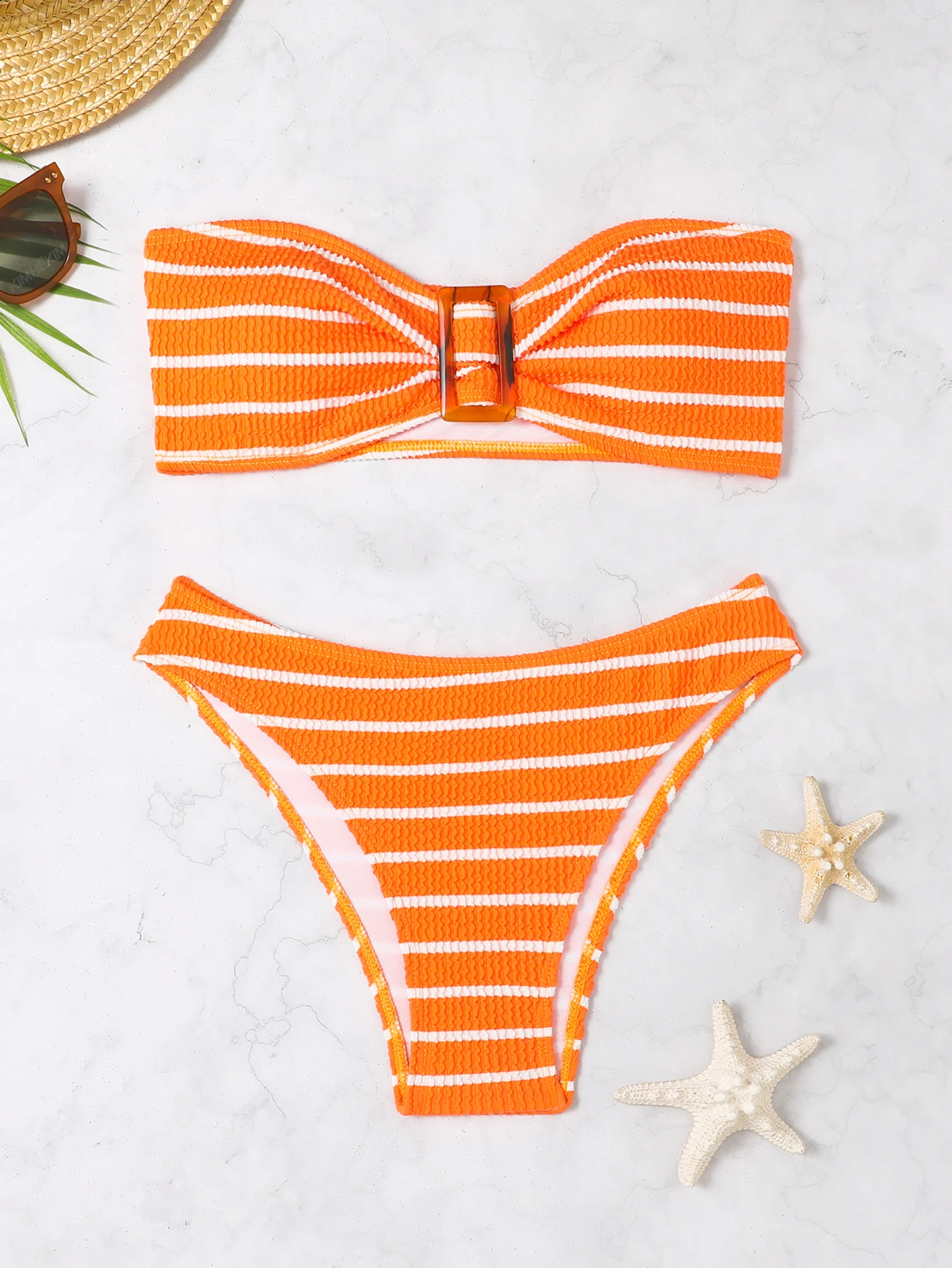 Striped Textured Bandeau Bikinis 2024 Women Sexy Swimsuit Push Up Swimwear Female Bathing Suit Swimming Summer Beachwear